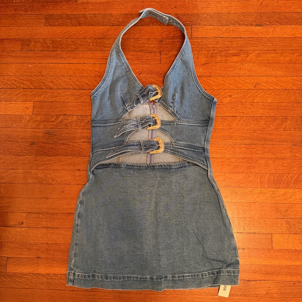 Commense Denim Halter Dress with Buckle Accents